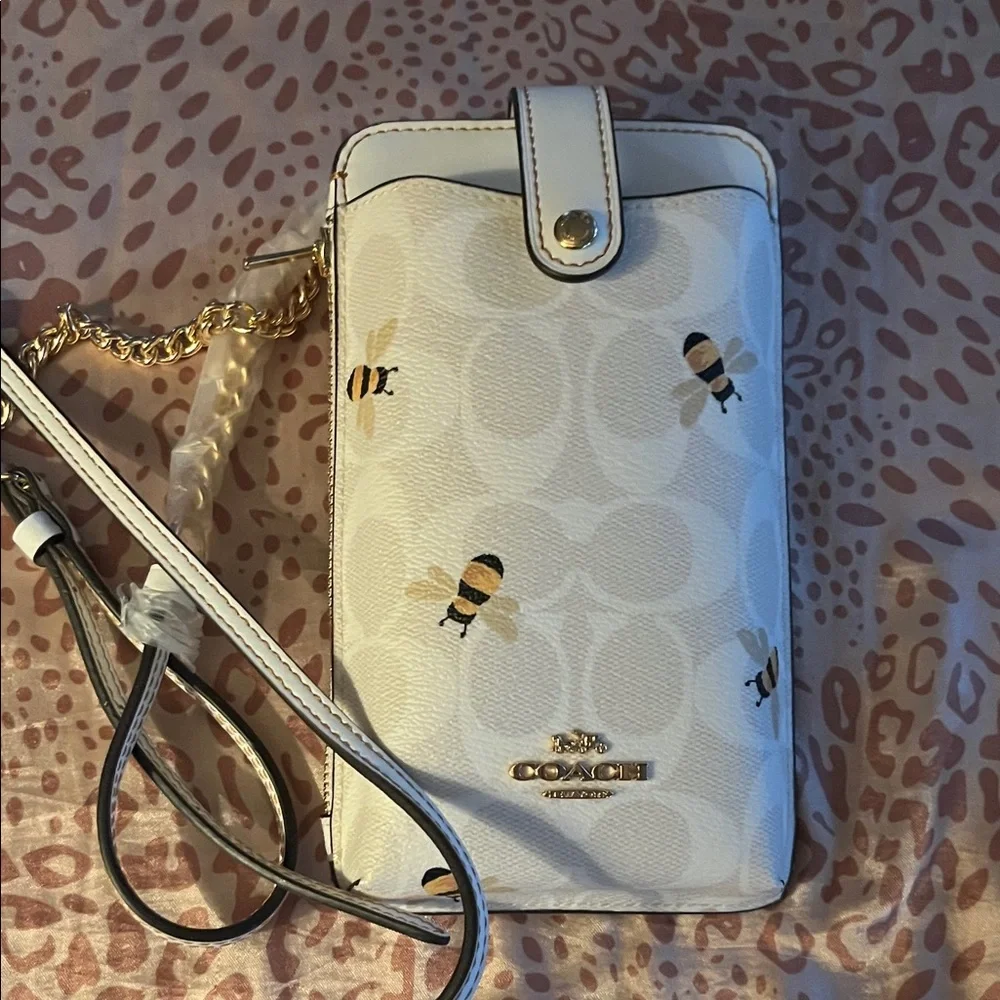 Coach White Bee Print Crossbody Phone Pouch